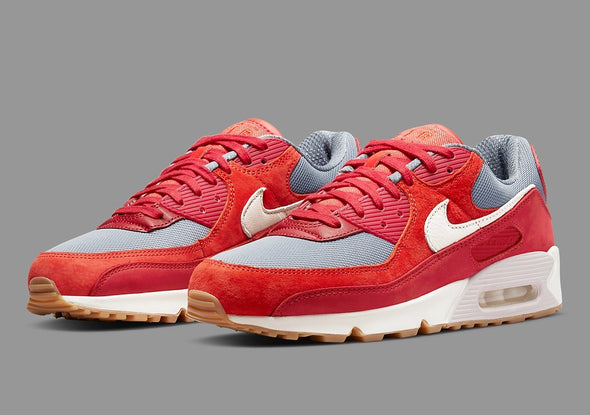 NIKE AIR MAX 90 PREMIUM (M) DH4621-600 / GYM-RED / PALE IVORY / SMOKE GREY